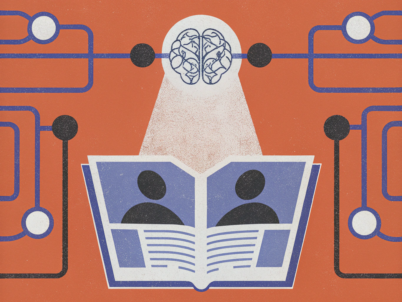 Stylized illustration of a brain radiating light onto an open book showing two person profiles and text, interconnected by circuit-like lines.