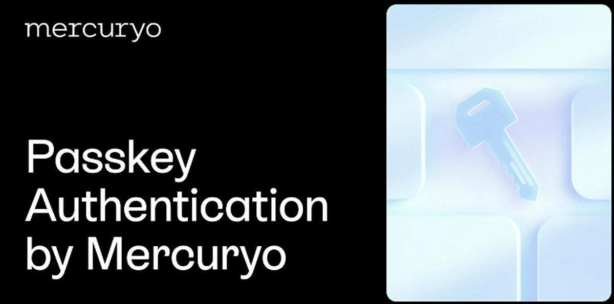 Text "mercuryo Passkey Authentication by Mercuryo" on a black background, next to a light blue stylized key on an abstract light background.