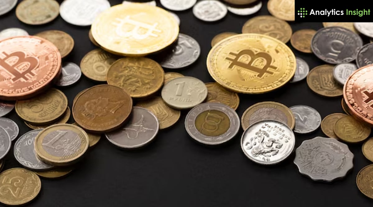 Bitcoin coins and various international fiat currency coins scattered on a dark background.