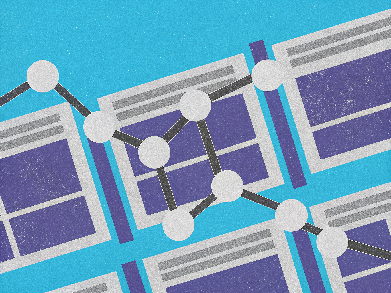 Abstract network diagram with white nodes connected by black lines, overlaid on purple and gray rectangular blocks, against a textured blue background.