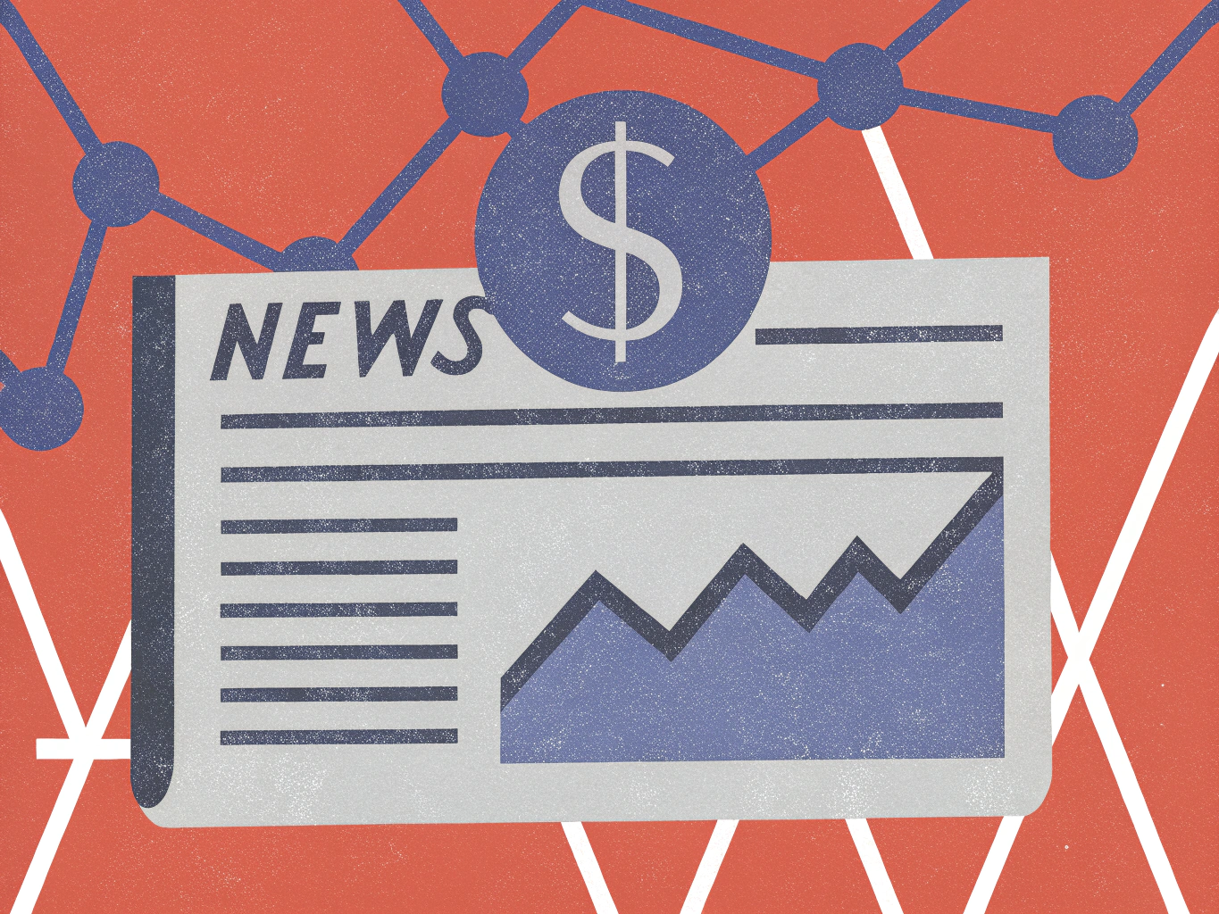 Illustration of a newspaper titled 'NEWS,' featuring a dollar sign and an upward trending graph, against a red background.