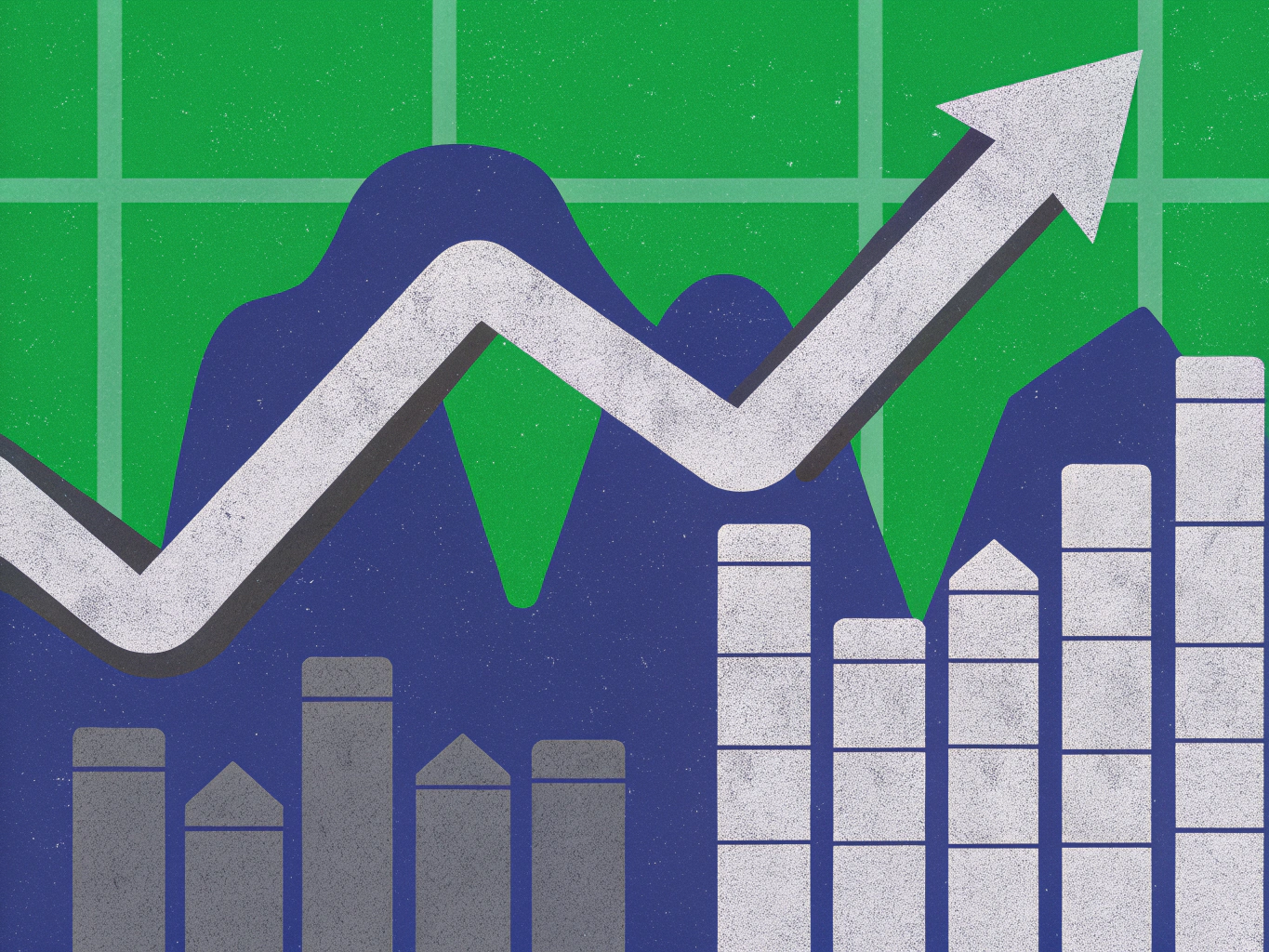 Graph representing an upward trend with a large white arrow, a blue area chart, and multiple bar charts.