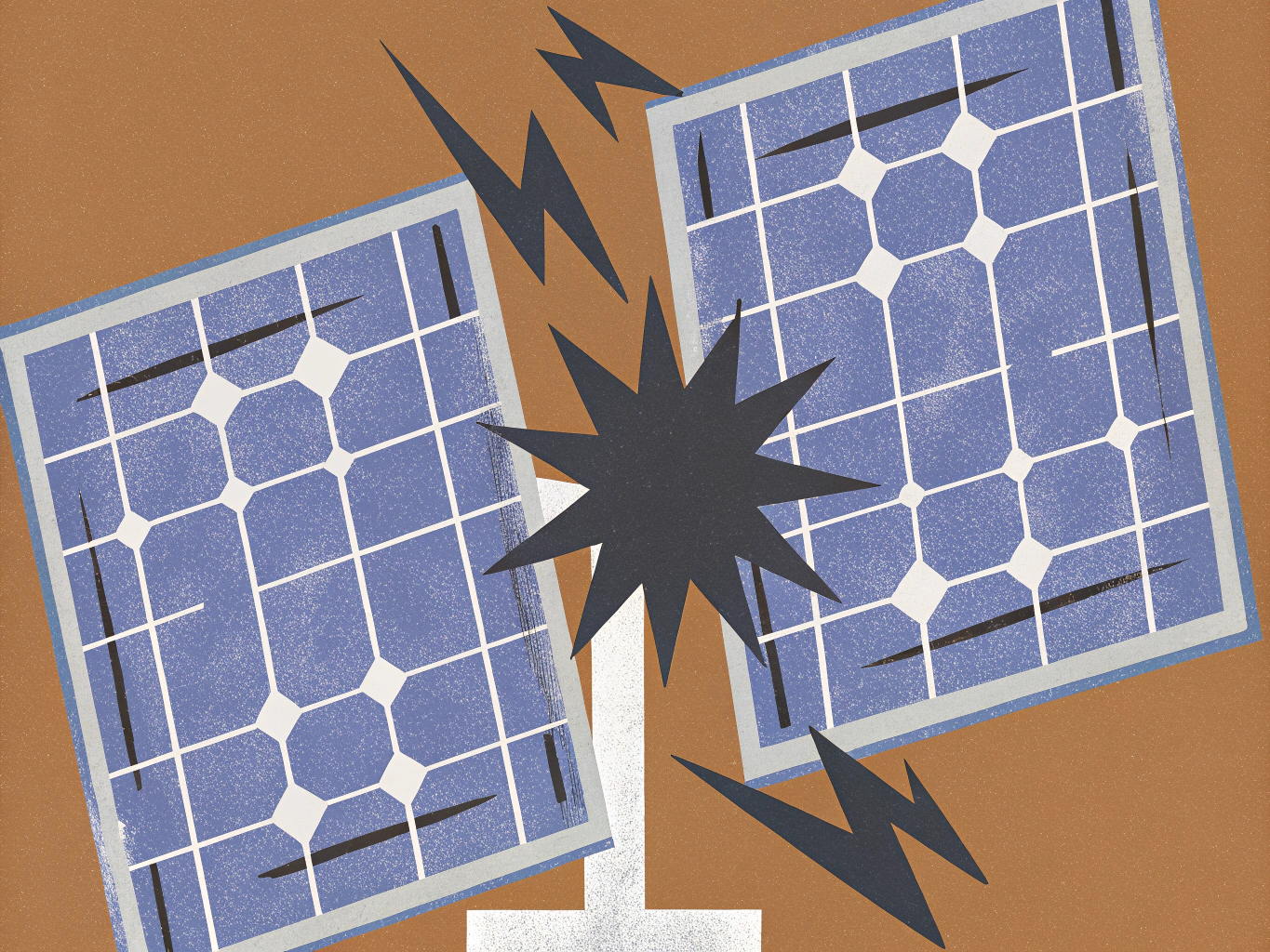 Illustration of two blue solar panels with a dark starburst explosion and lightning bolts on a brown background.