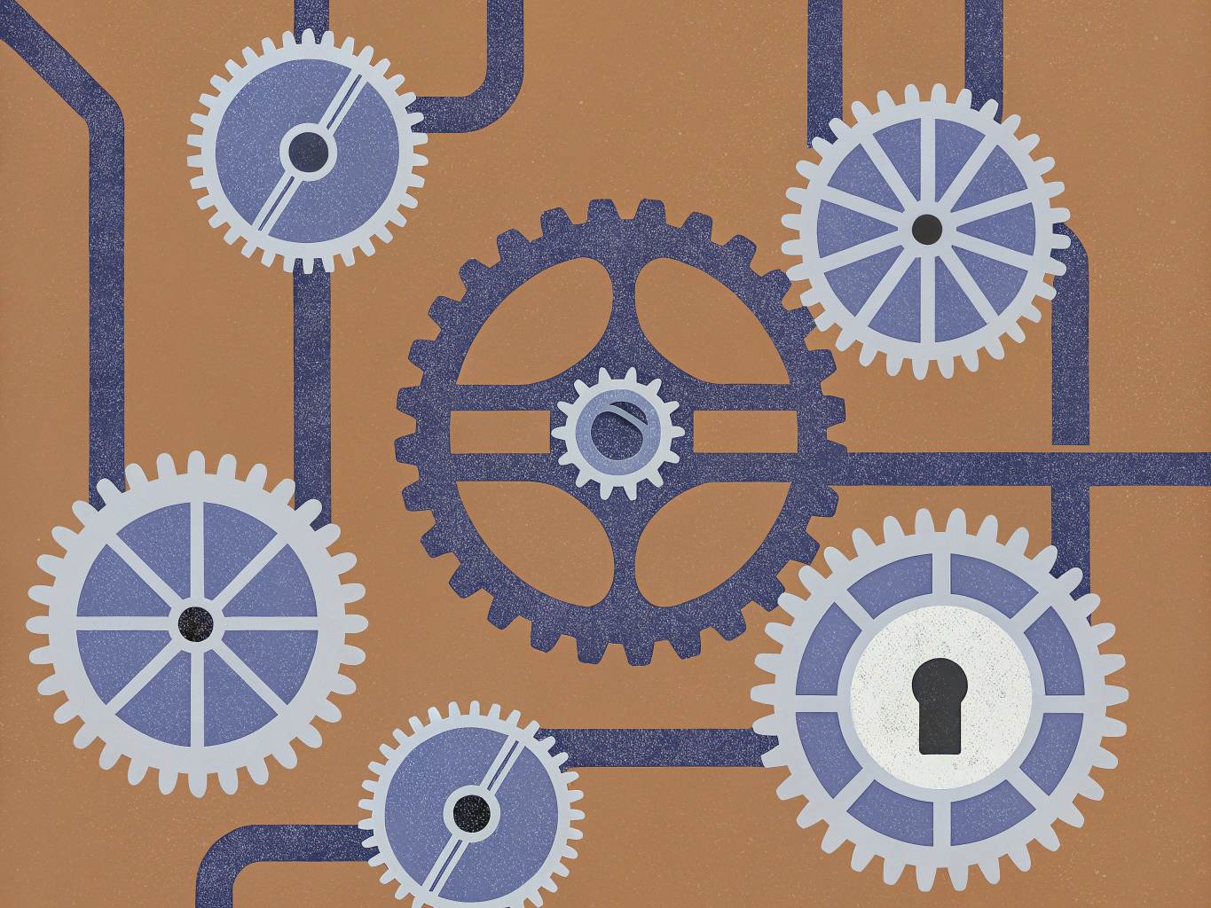 Illustration of interconnected gears and lines on a brown background. One light blue gear features a black keyhole in its center.