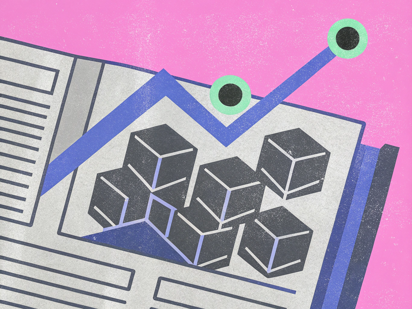 Abstract illustration of a document featuring a rising blue line graph and scattered gray blocks.