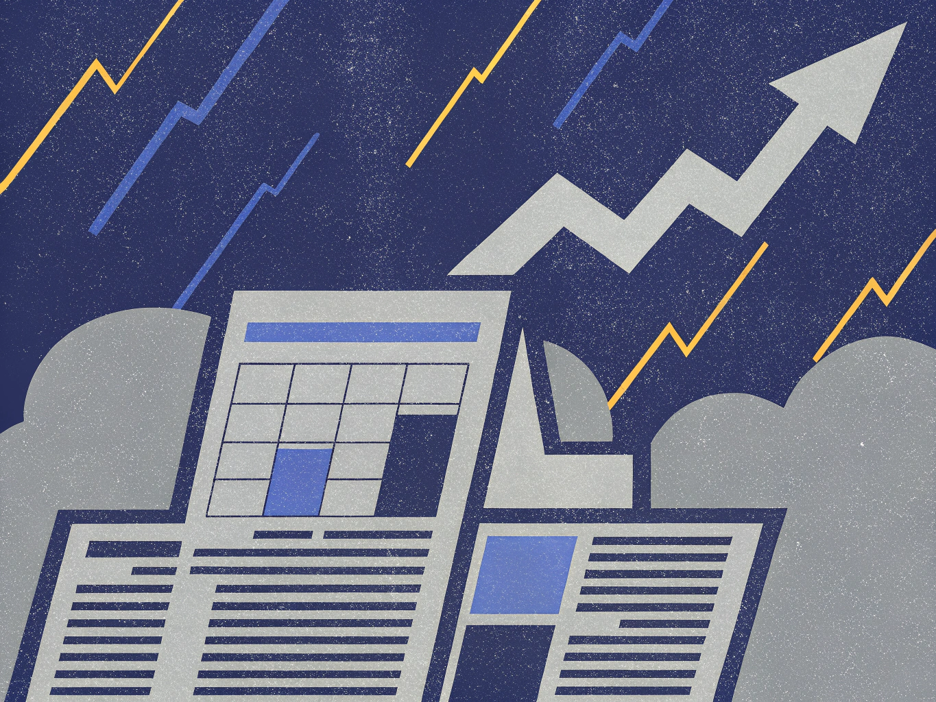 "Illustration showing financial reports with charts and text, an upward-trending arrow, and abstract lines on a dark blue background."