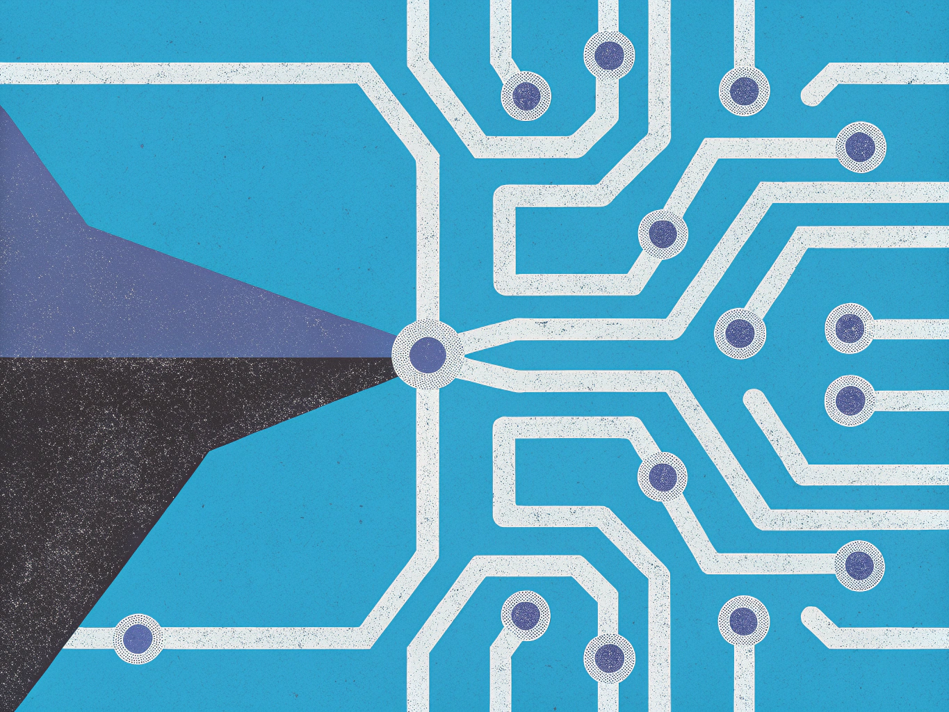 Abstract illustration of a circuit board with white lines and blue connection nodes on a blue background. Dark blue and black geometric shapes in the upper left funnel into a central node.