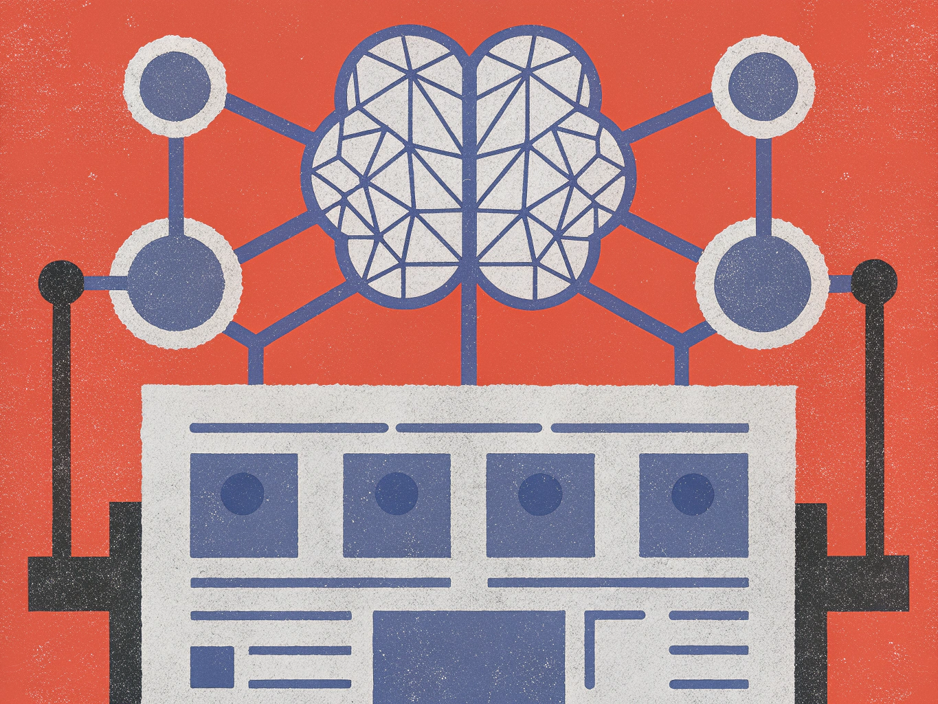 Abstract illustration of a stylized brain with network connections feeding into a monitor displaying text and content blocks.