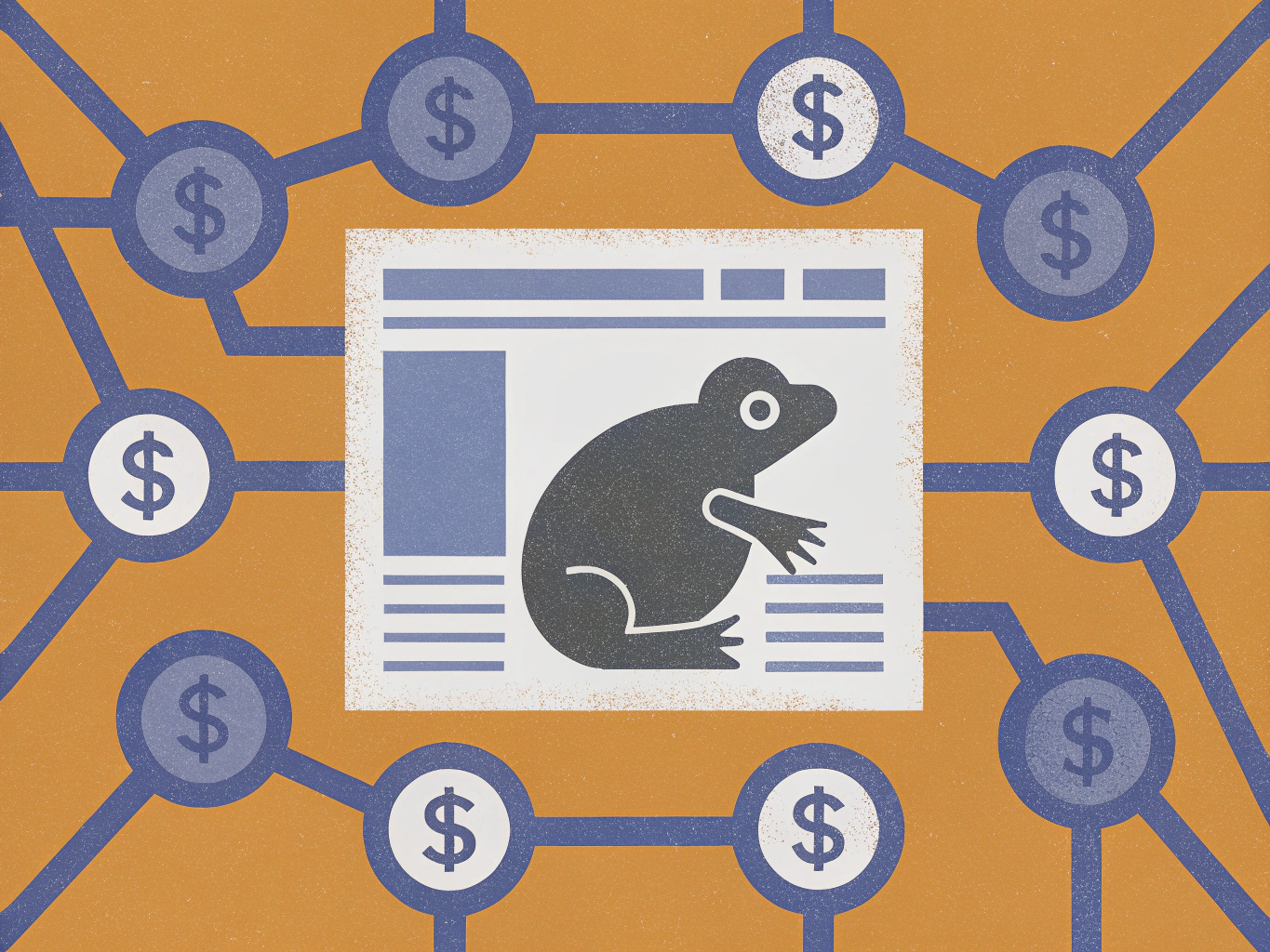 Stylized illustration of a frog on a web page, surrounded by a network of dollar signs.