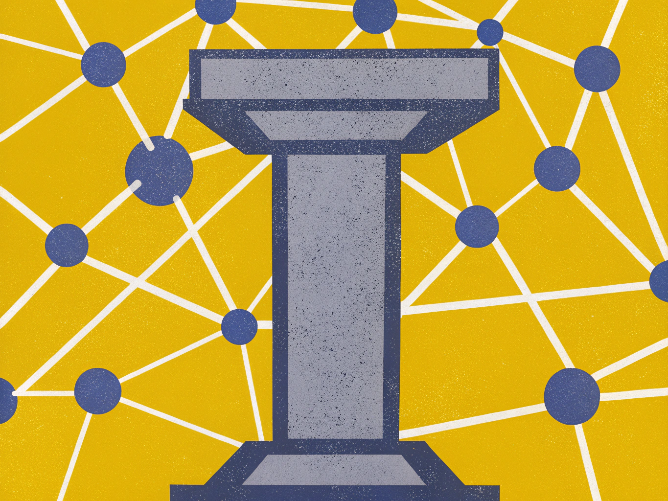 Grey podium in front of a yellow background with a pattern of interconnected blue circles.
