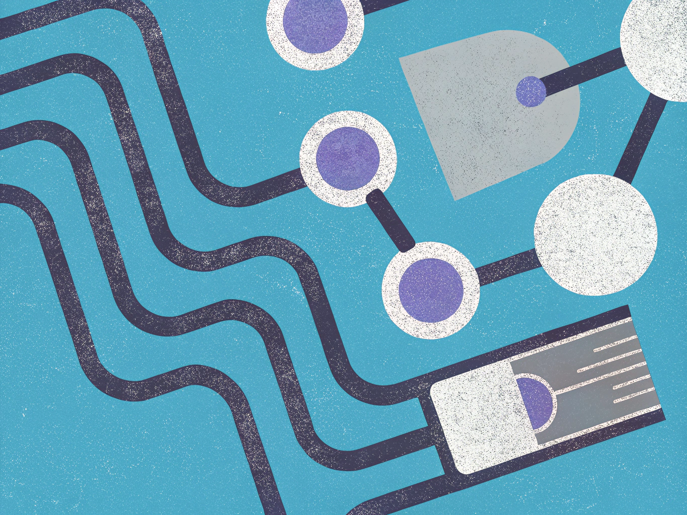 Abstract illustration of a network or circuit board with dark wavy lines connecting purple and white circles, and grey geometric shapes on a textured blue background.