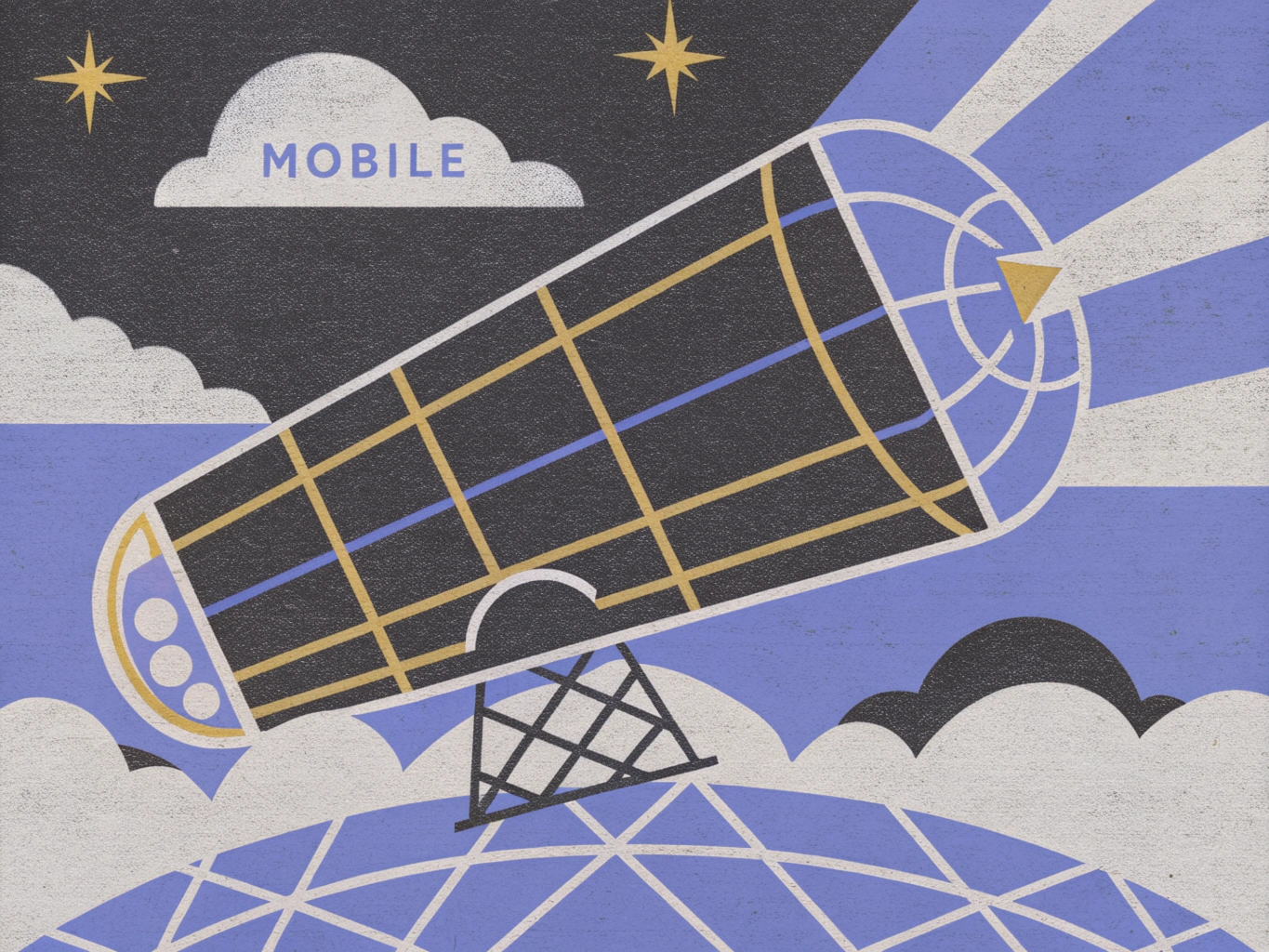 Stylized illustration of a large antenna or satellite dish on a grid-patterned ground, aimed at a starry night sky with light rays. The word "MOBILE" is written on a cloud.