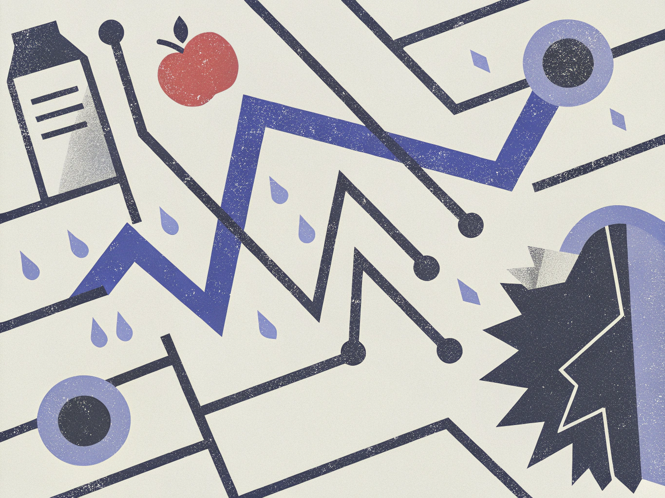 Abstract illustration with a zig-zag blue line, circuit-like dark grey lines, a milk carton, red apple, blue raindrops, two circular nodes, and a jagged broken element.