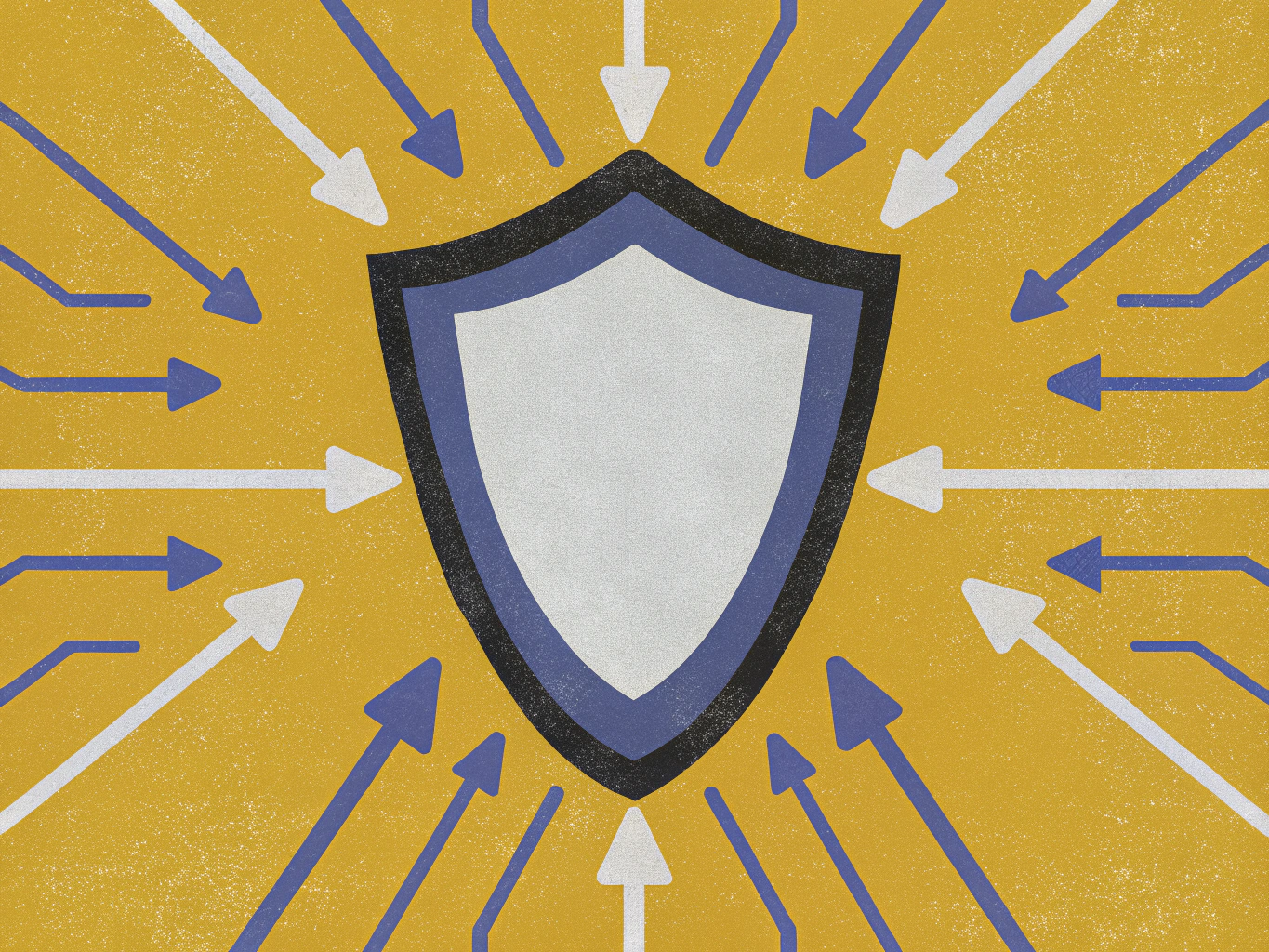 A shield with many arrows pointing inward, symbolizing protection or defense.