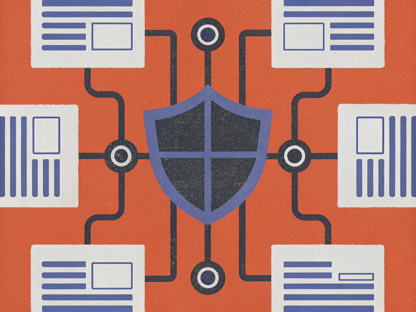 A central blue shield icon connected by lines to six surrounding document or webpage icons, symbolizing data security or network protection.