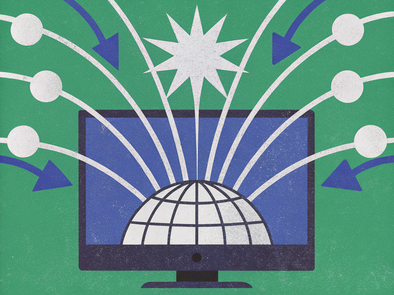 Illustration of a computer monitor displaying a globe, surrounded by radiating lines connecting to network nodes, incoming arrows, and a starburst, representing global data and network connections.