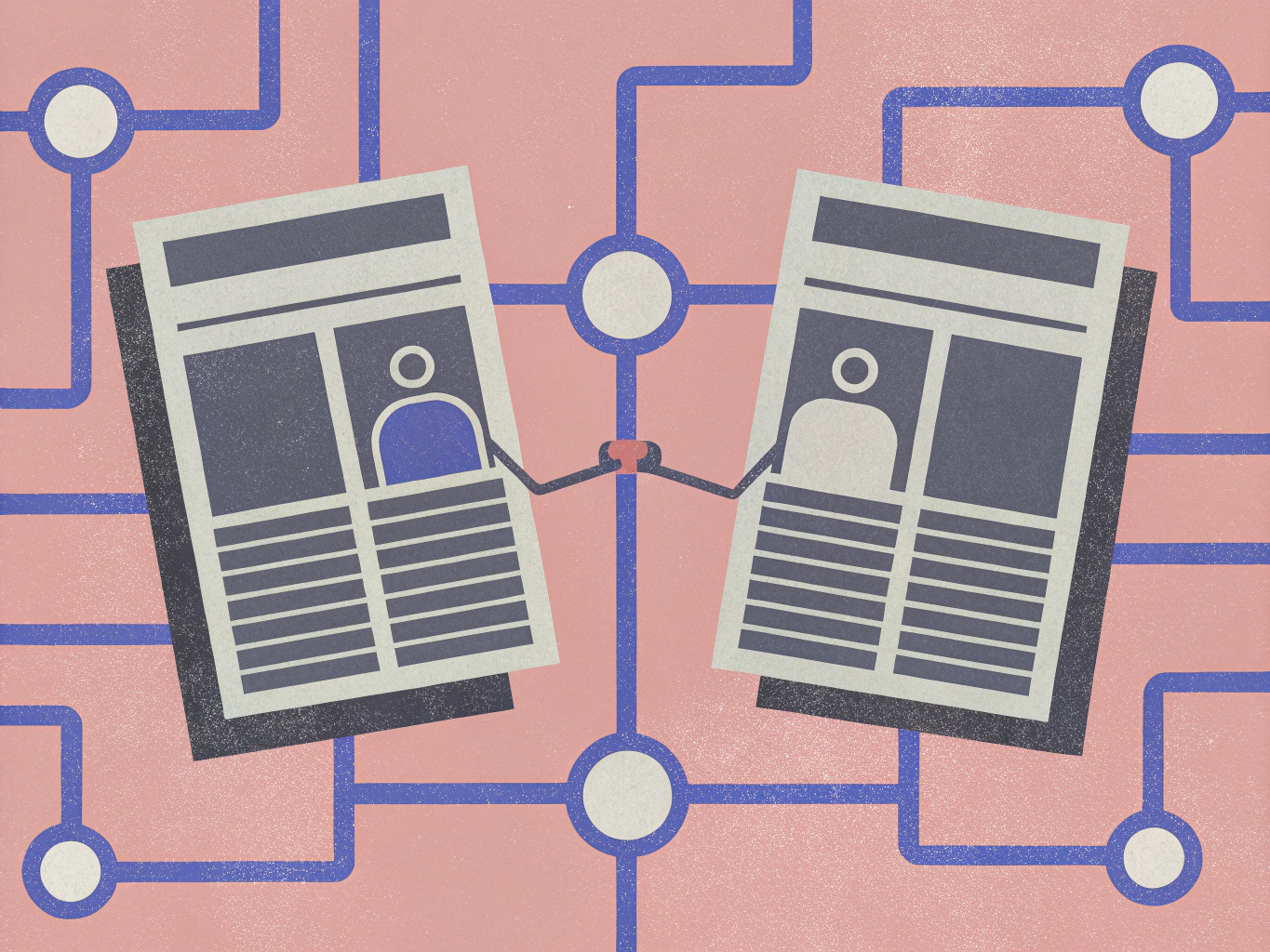 Two stylized profile documents, each with an abstract person icon and text lines, are connected by their arms, set against a background of interconnected lines and circular nodes.