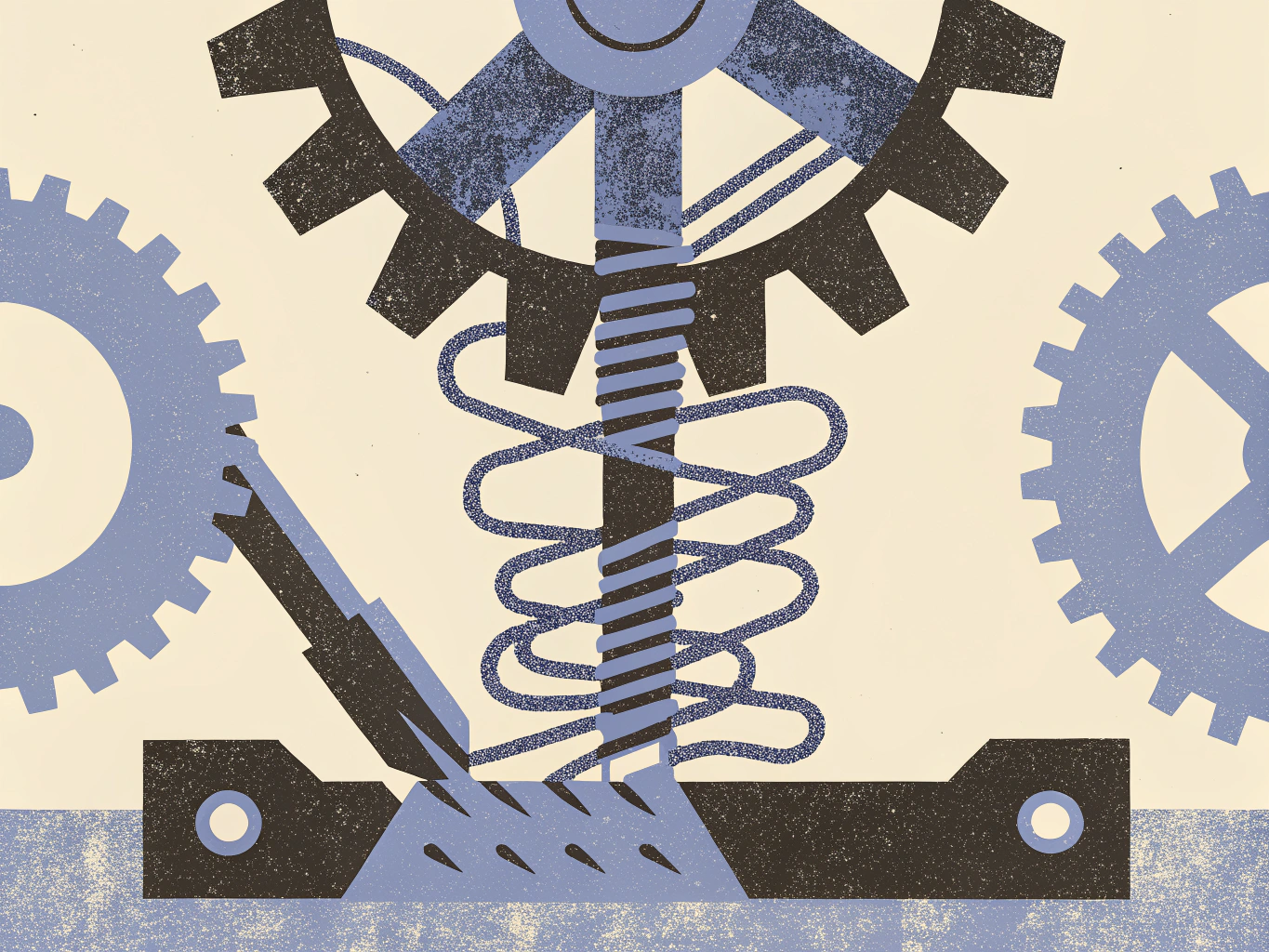 Illustration of a mechanical system with blue and dark gears, a central threaded rod, a coiled spring, and a toothed bar.