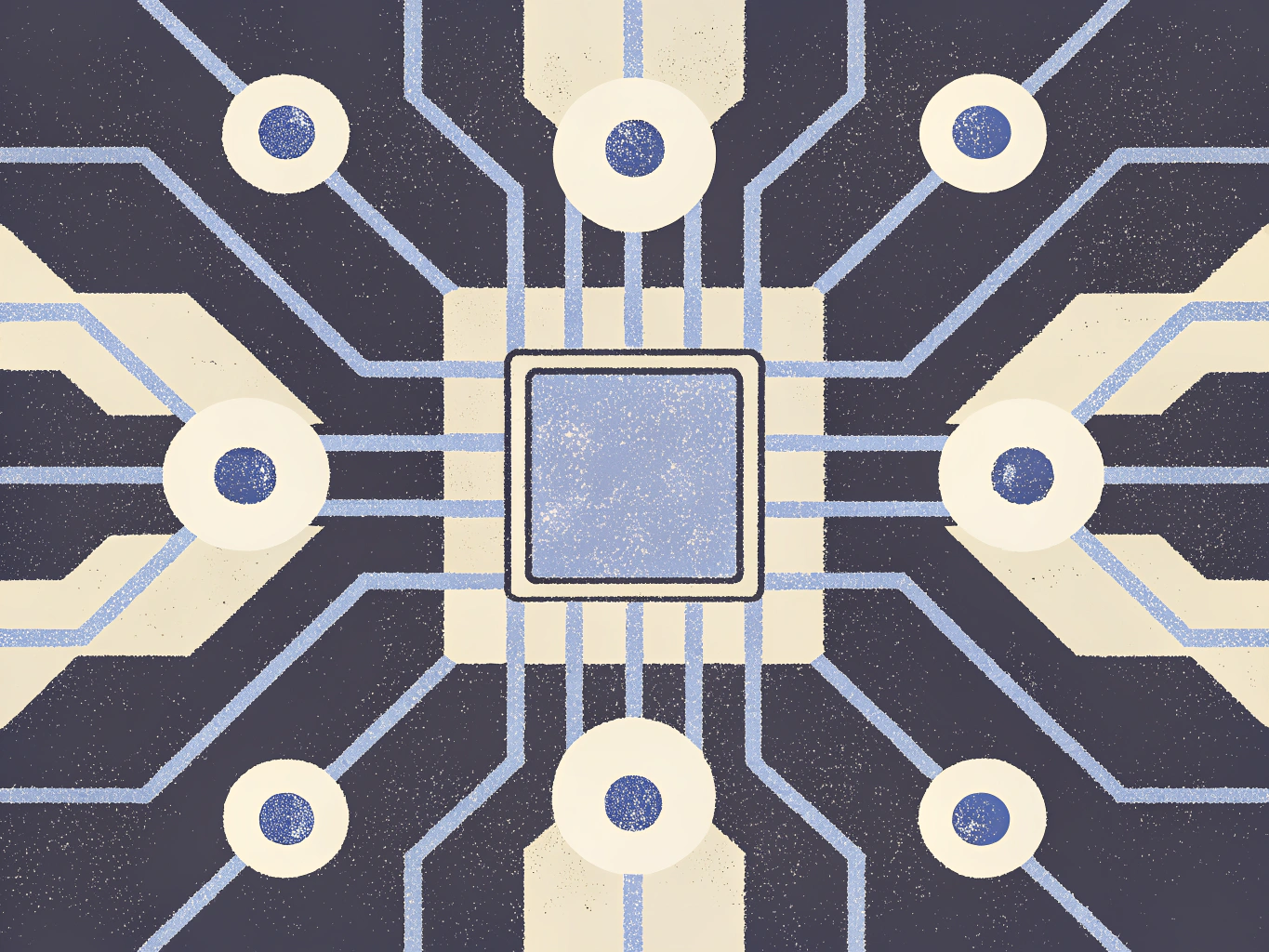 Stylized circuit board with a central processor and radiating connections to circular nodes.