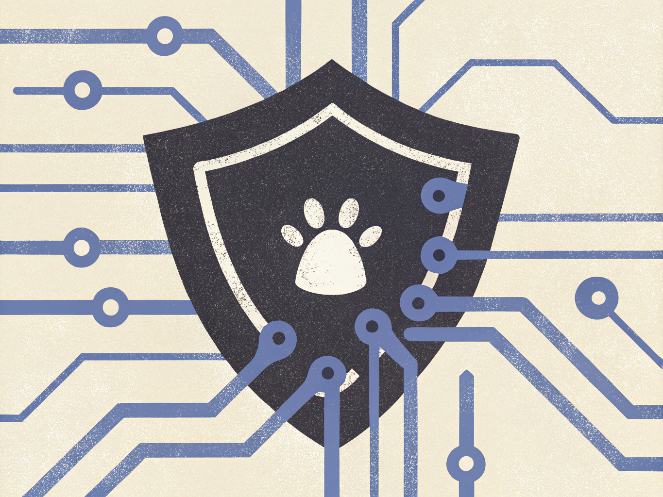 Dark shield featuring a white paw print, connected to a blue circuit board design.
