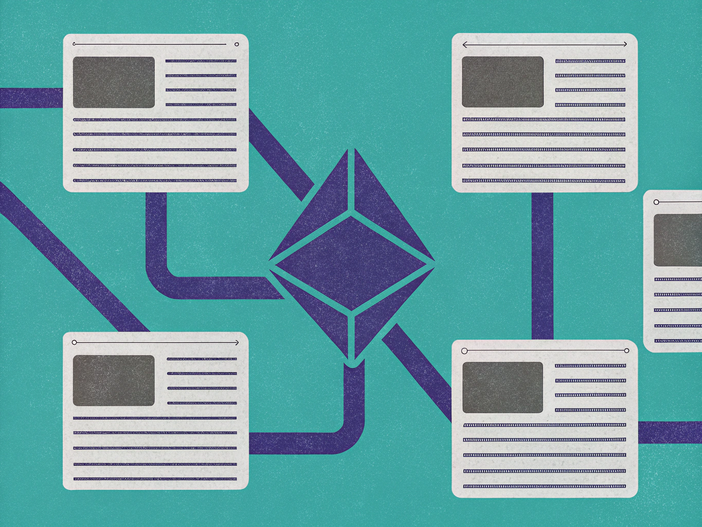 Ethereum logo in the center connected by lines to four data blocks.