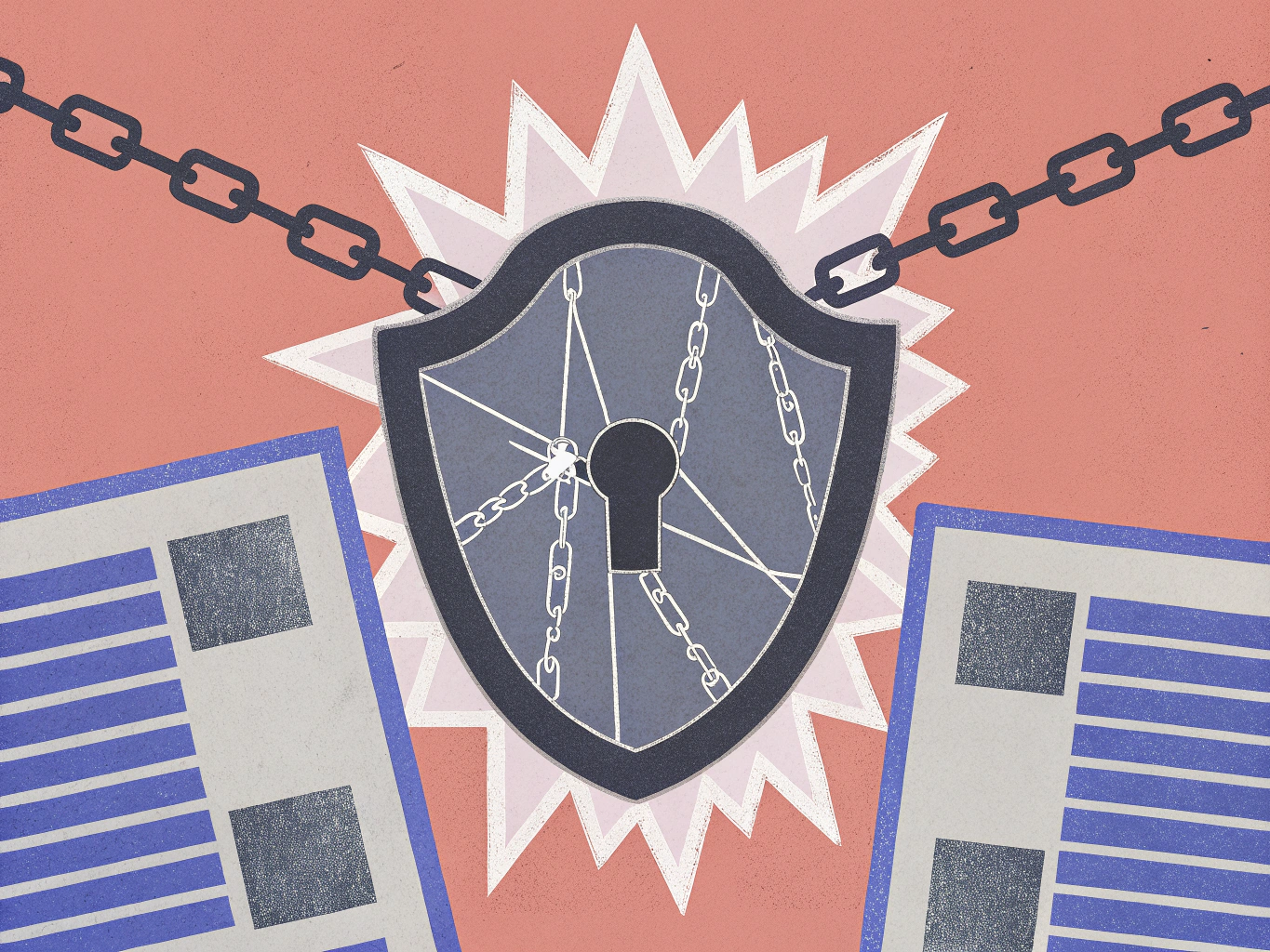 Shield with a keyhole and chains wrapped around it, set against a white starburst. Dark chains stretch across the top of the image, with two stylized documents in the lower corners.