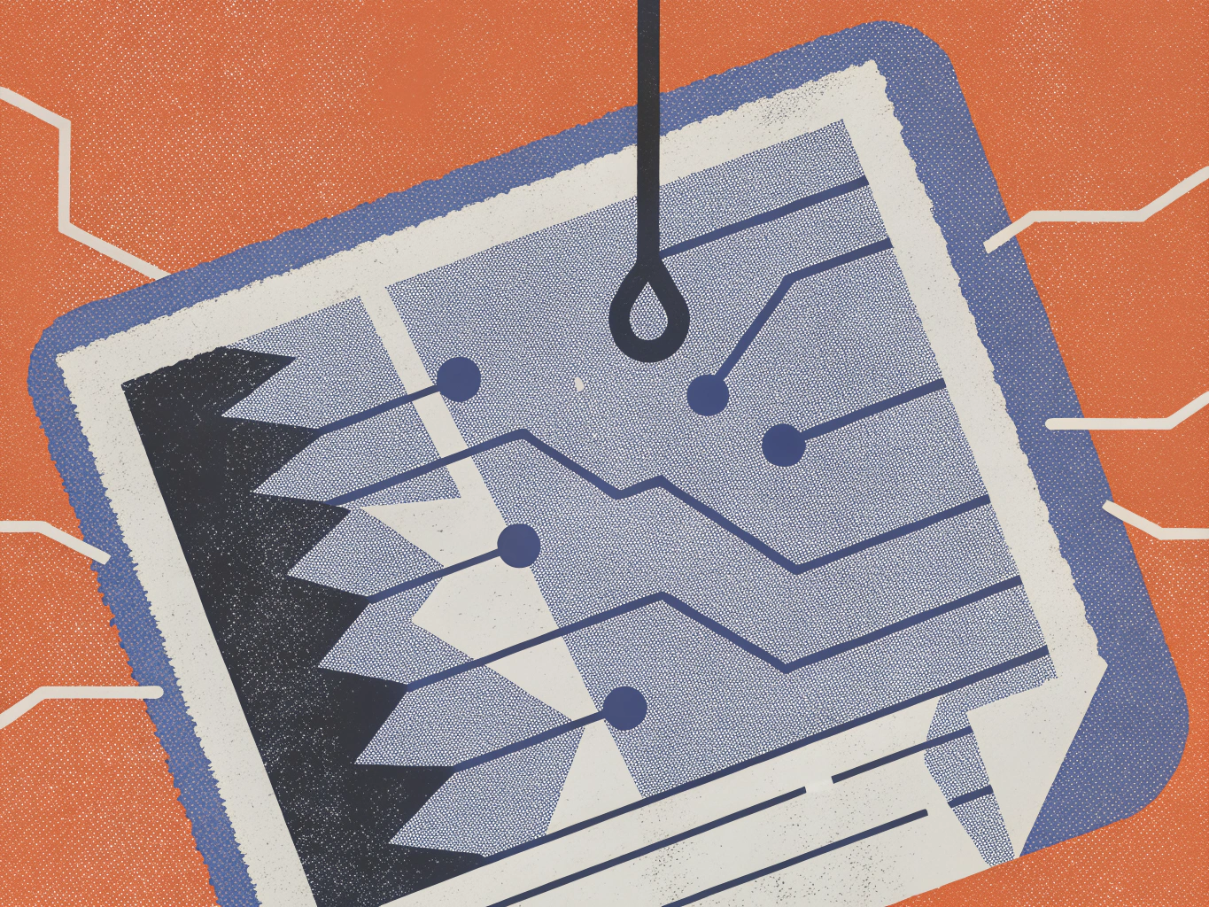 A fishing hook positioned on a document with blue circuit board patterns and white lines extending from its sides, resembling data connections.