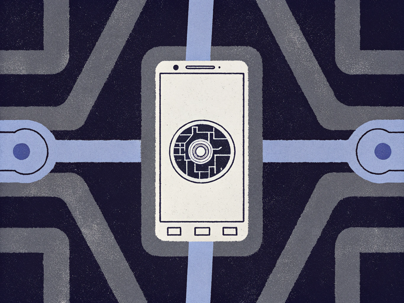 Stylized smartphone displaying a circular circuit design, connected by network pathways.