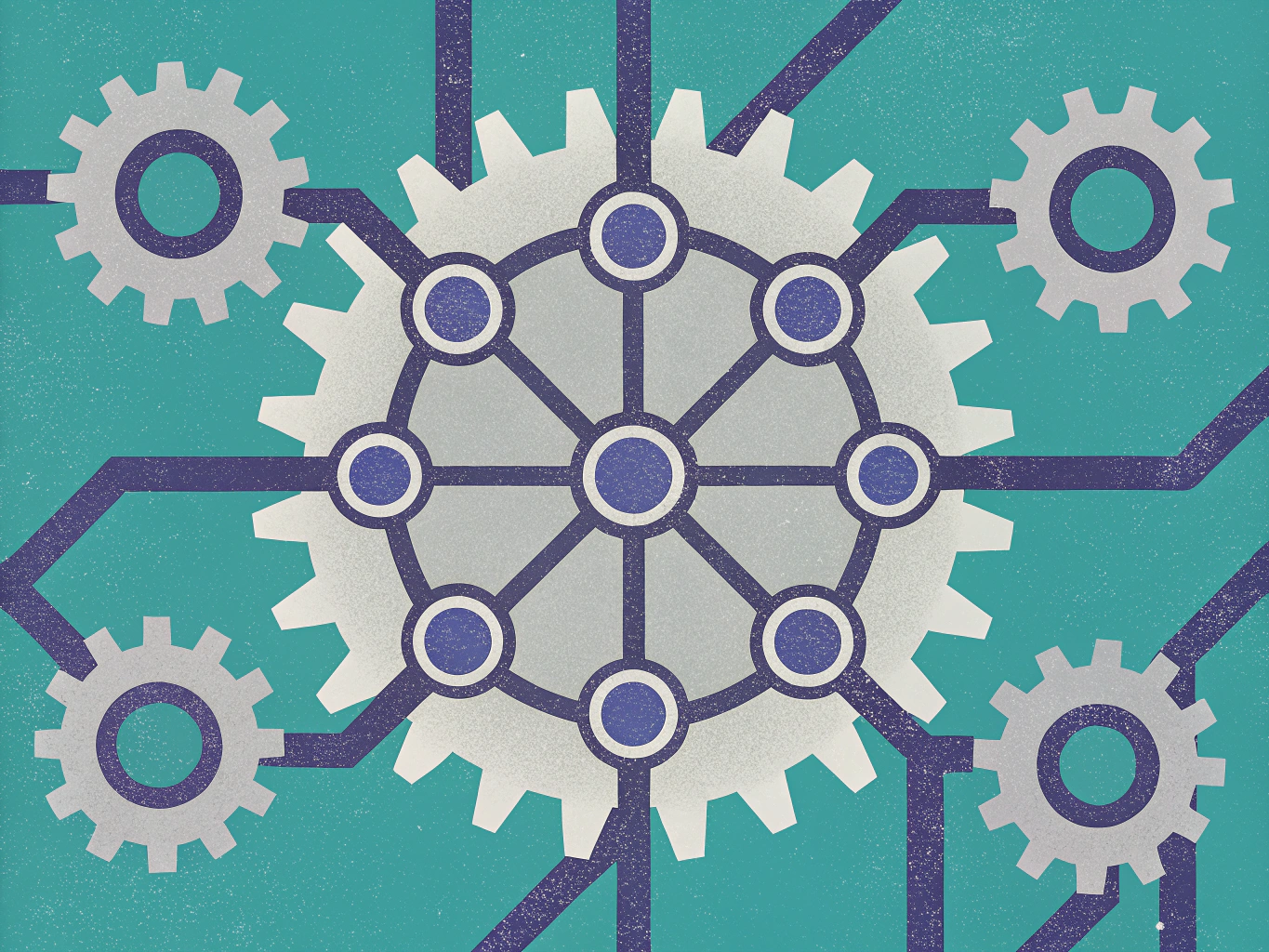 Illustration of a large central gear with multiple connected nodes and lines, linked to four smaller surrounding gears on a teal background.
