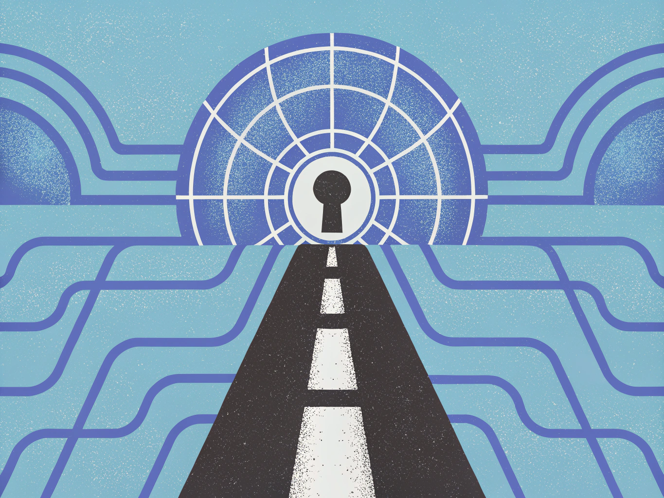 Road leading to a blue grid-patterned half-globe with a keyhole in its center, flanked by curved network lines.