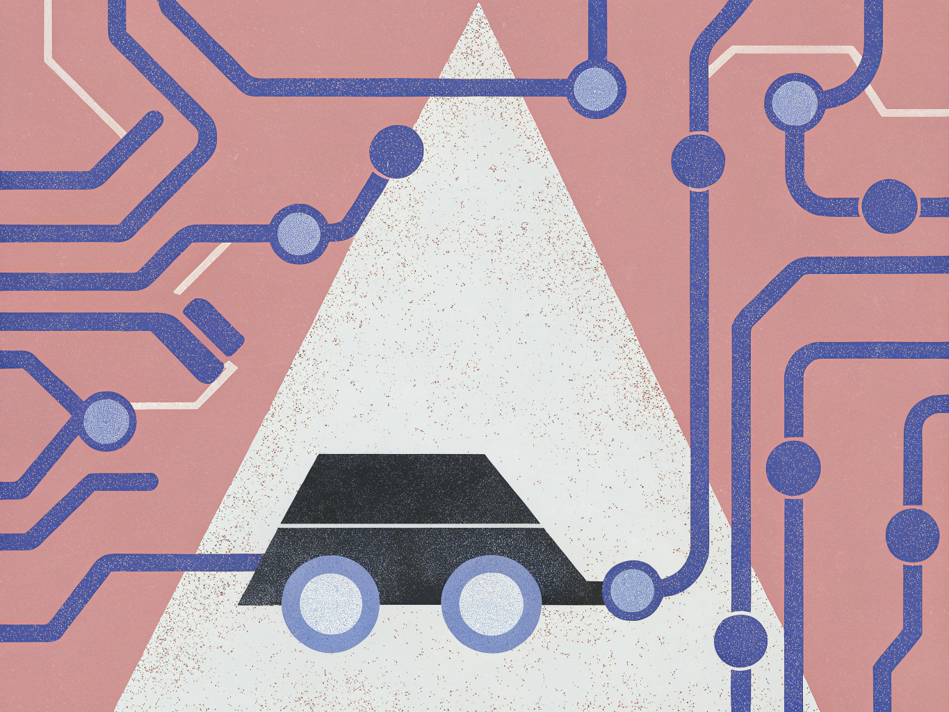 Illustration of a black stylized car at the base of a white triangle, surrounded by blue circuitry lines on a pink background.