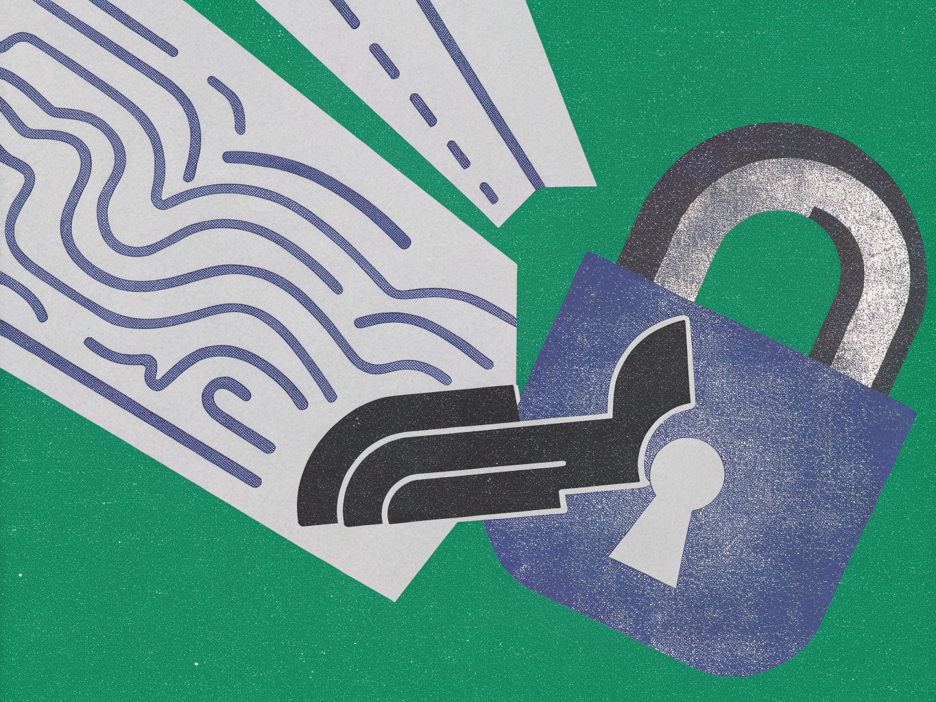 Blue padlock with a key inserted into its keyhole, next to a gray pathway featuring dashed lines and wavy blue patterns.