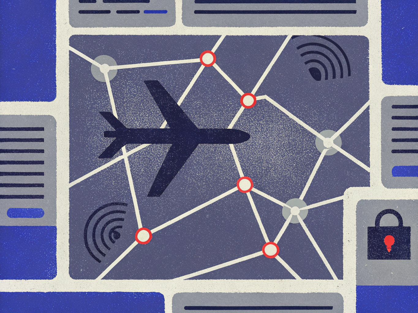Stylized illustration of an airplane traversing a network grid with connection points, Wi-Fi signals, and a padlock icon.