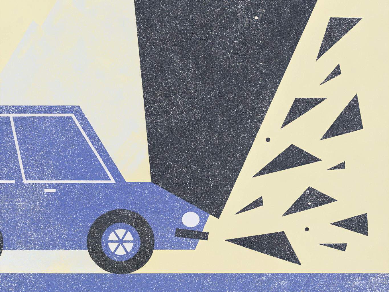Stylized blue car with dark, grainy geometric shapes expanding outwards from its front.