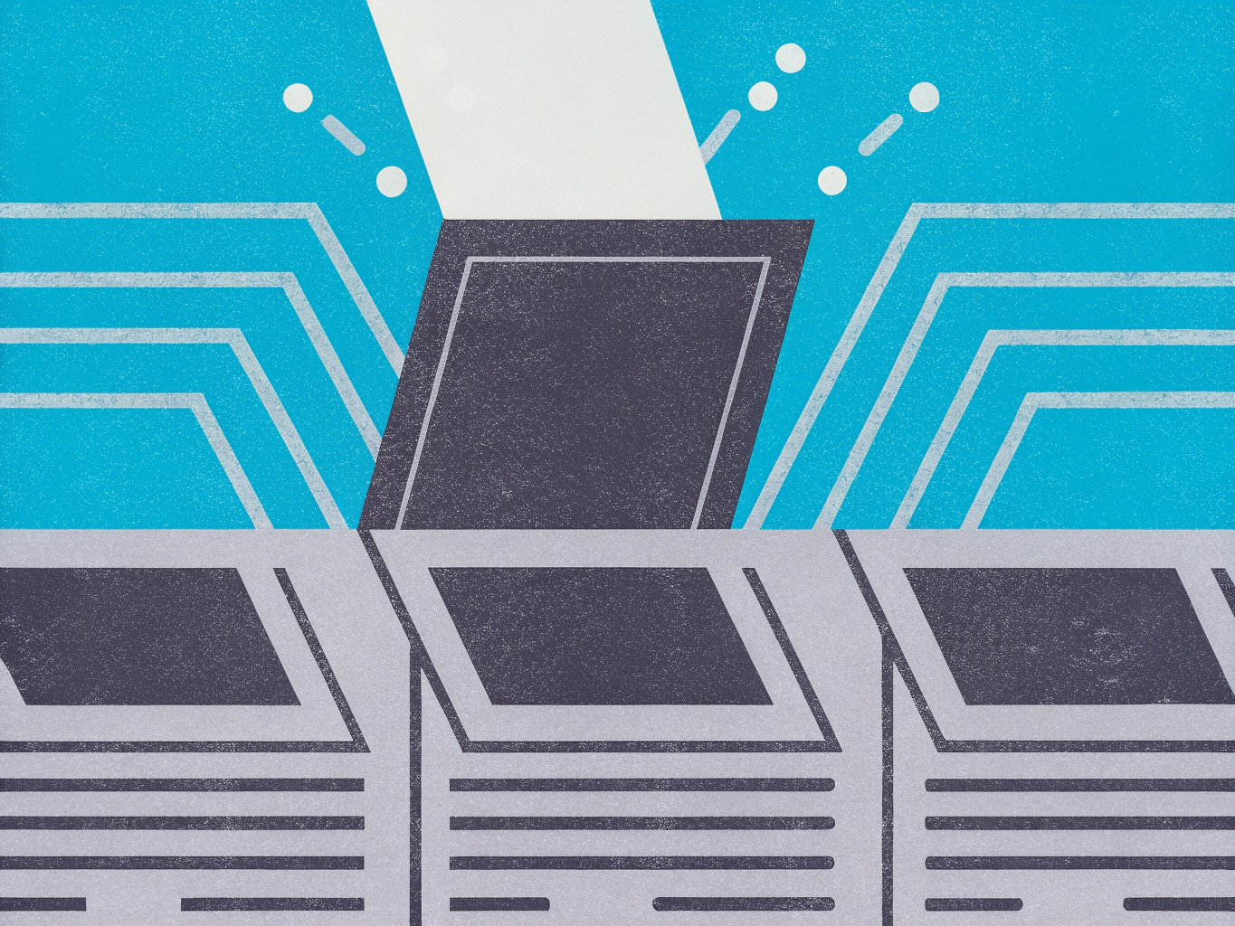 Stylized illustration of a data processing system, with a white beam connecting to a dark grey component, surrounded by circuit lines and a bank of server-like units on a bright blue background.