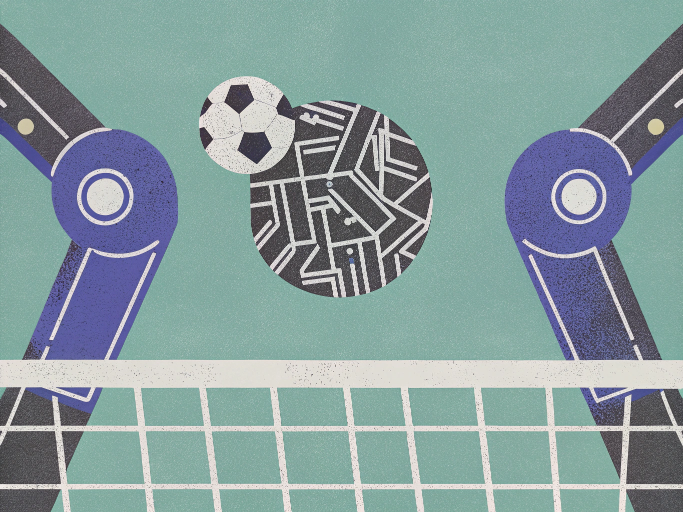 A stylized illustration featuring a soccer ball above a circular maze pattern, flanked by two purple robotic arms, with a white net at the bottom.