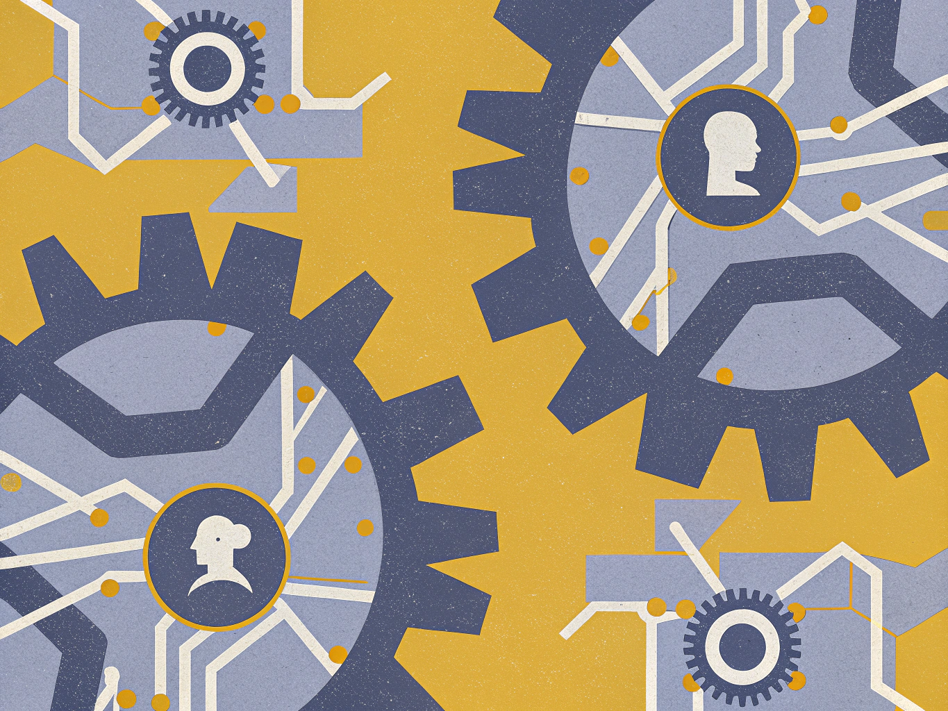 Abstract illustration of large and small gears with human head silhouettes and circuit board patterns on a textured blue and yellow background.