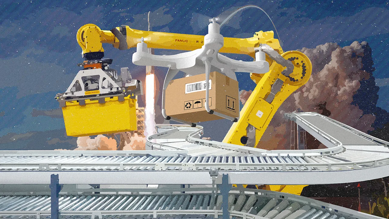 Robotic arms and a delivery drone operate over a complex conveyor system, with a rocket launching in the background.