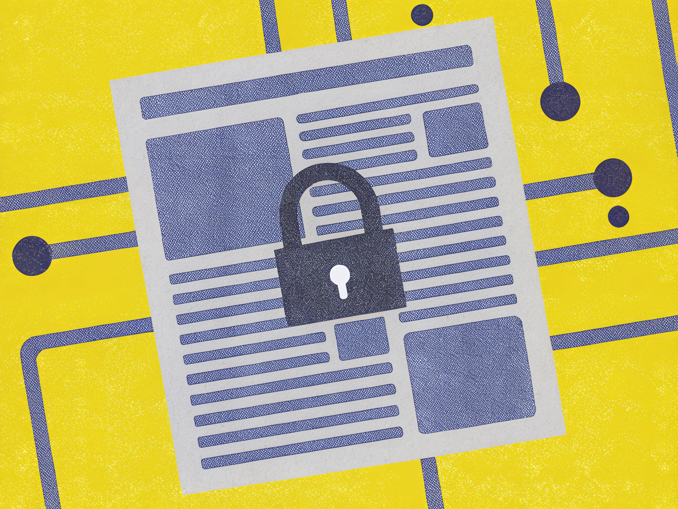 Illustration of a document with a padlock symbol, on a yellow background with blue circuit board lines.