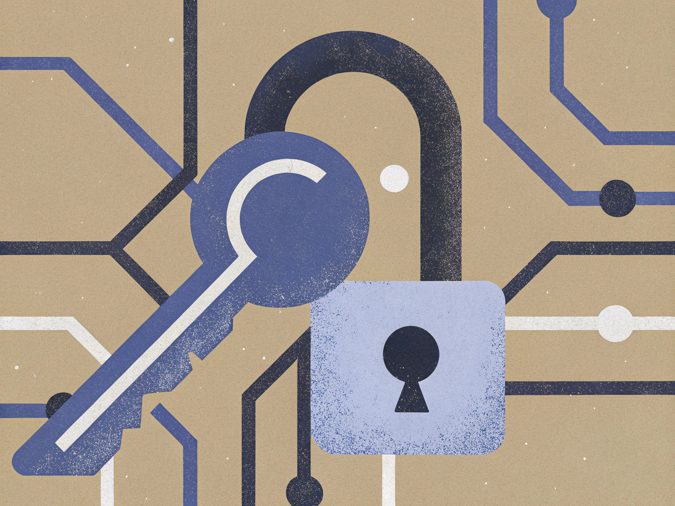 "Abstract illustration of a blue key and padlock on a textured background with intersecting circuit lines."