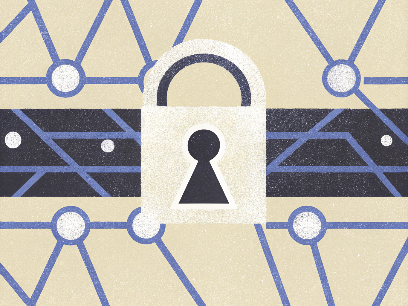 A padlock icon centered on a network background with interconnected lines and nodes.