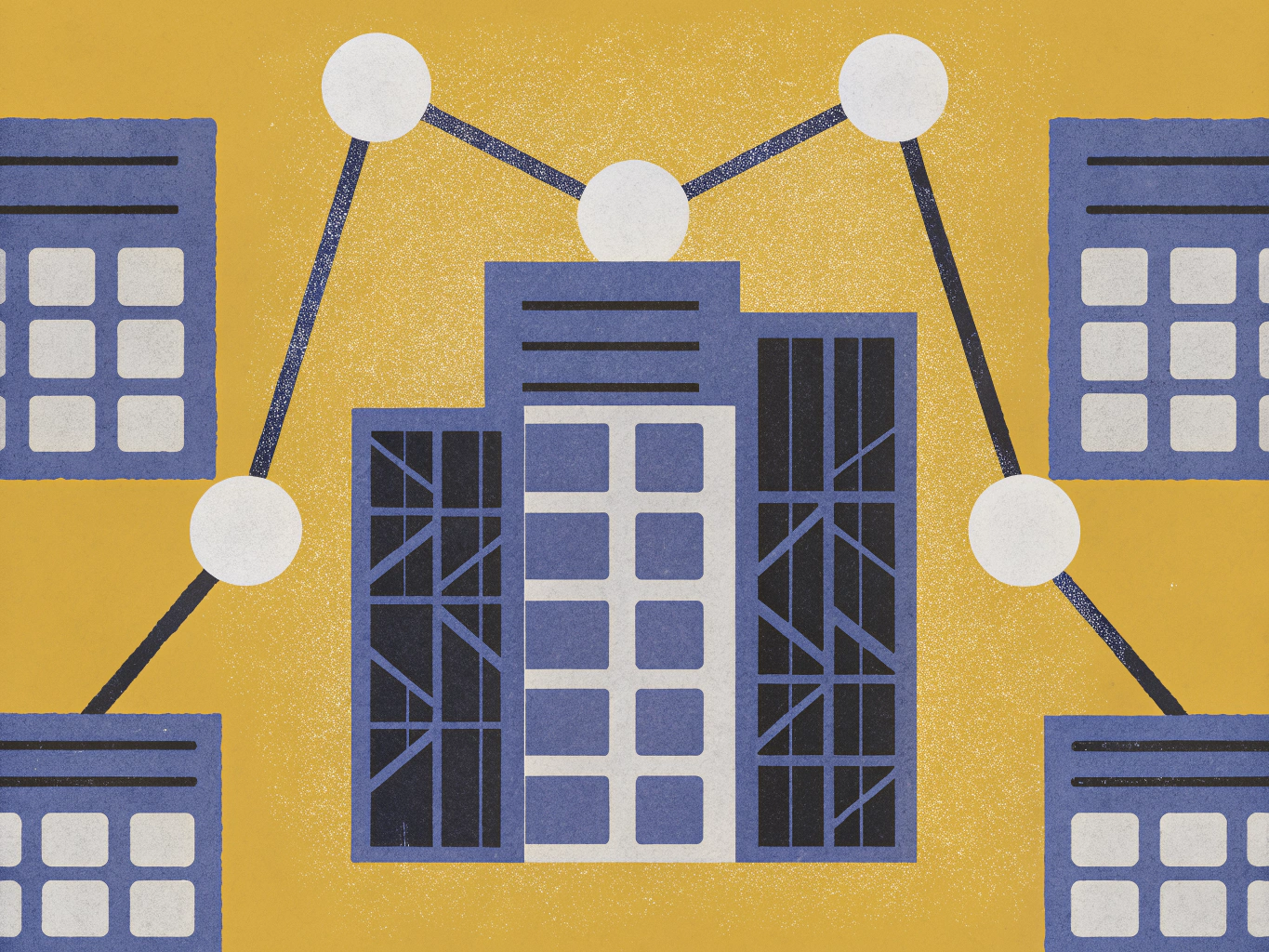 Stylized illustration of a central blue building and multiple smaller blue structures connected by lines with white circular nodes, all on a textured yellow background.
