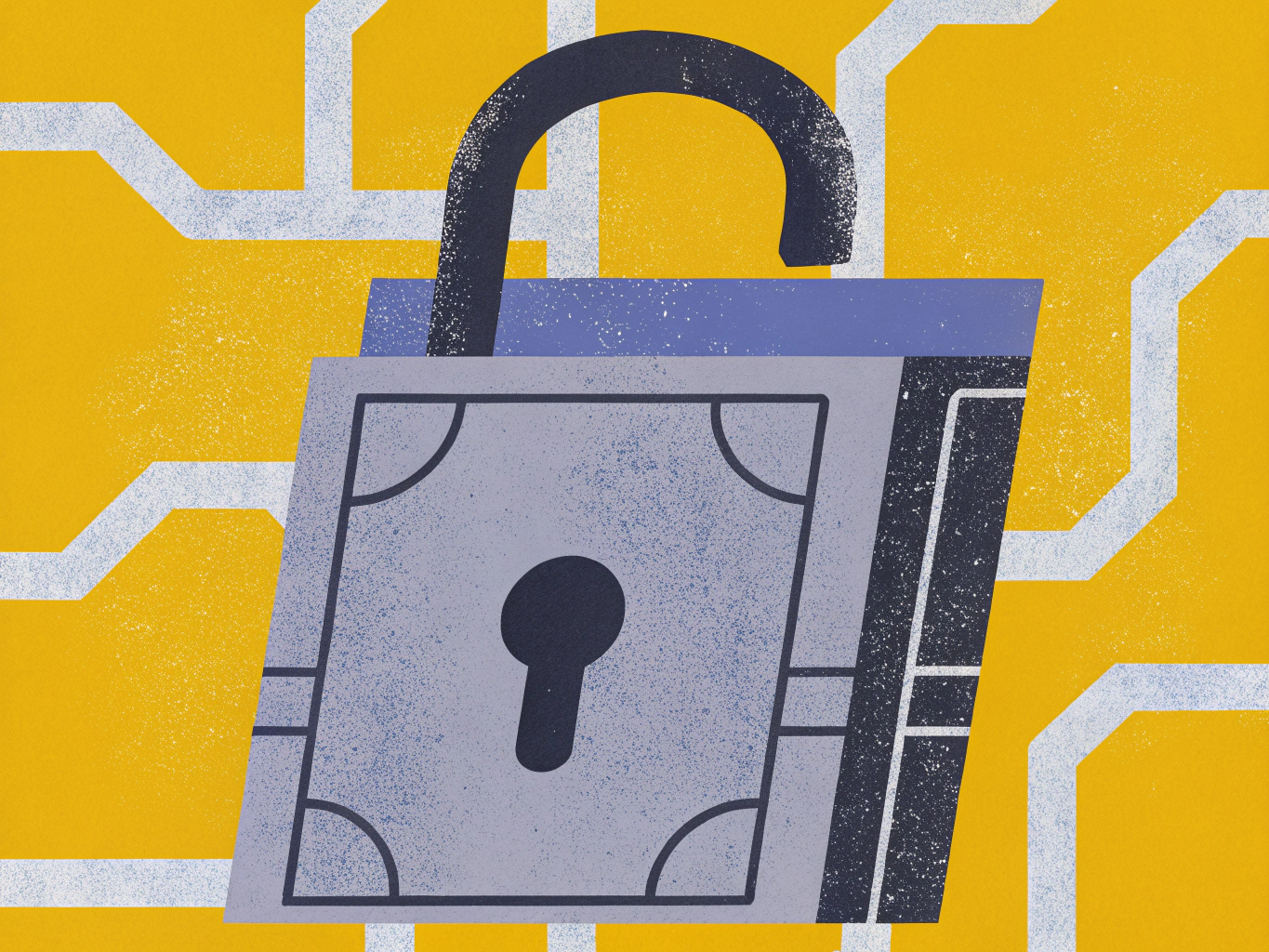 Open padlock with a keyhole, its body styled like a stack of money, on a yellow background with white circuit board lines.