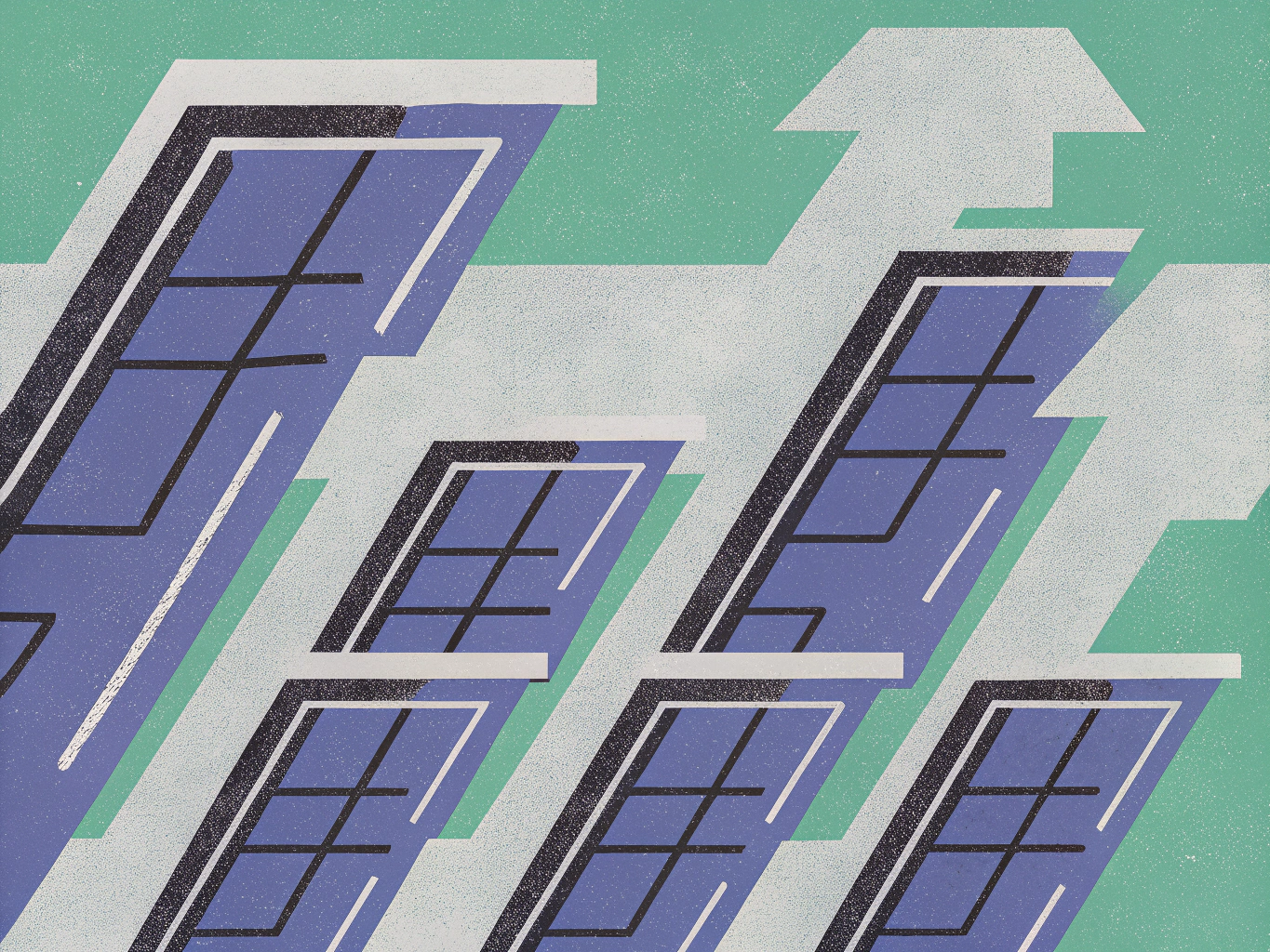 Stylized illustration of blue solar panels and upward arrows on a green and light gray background.
