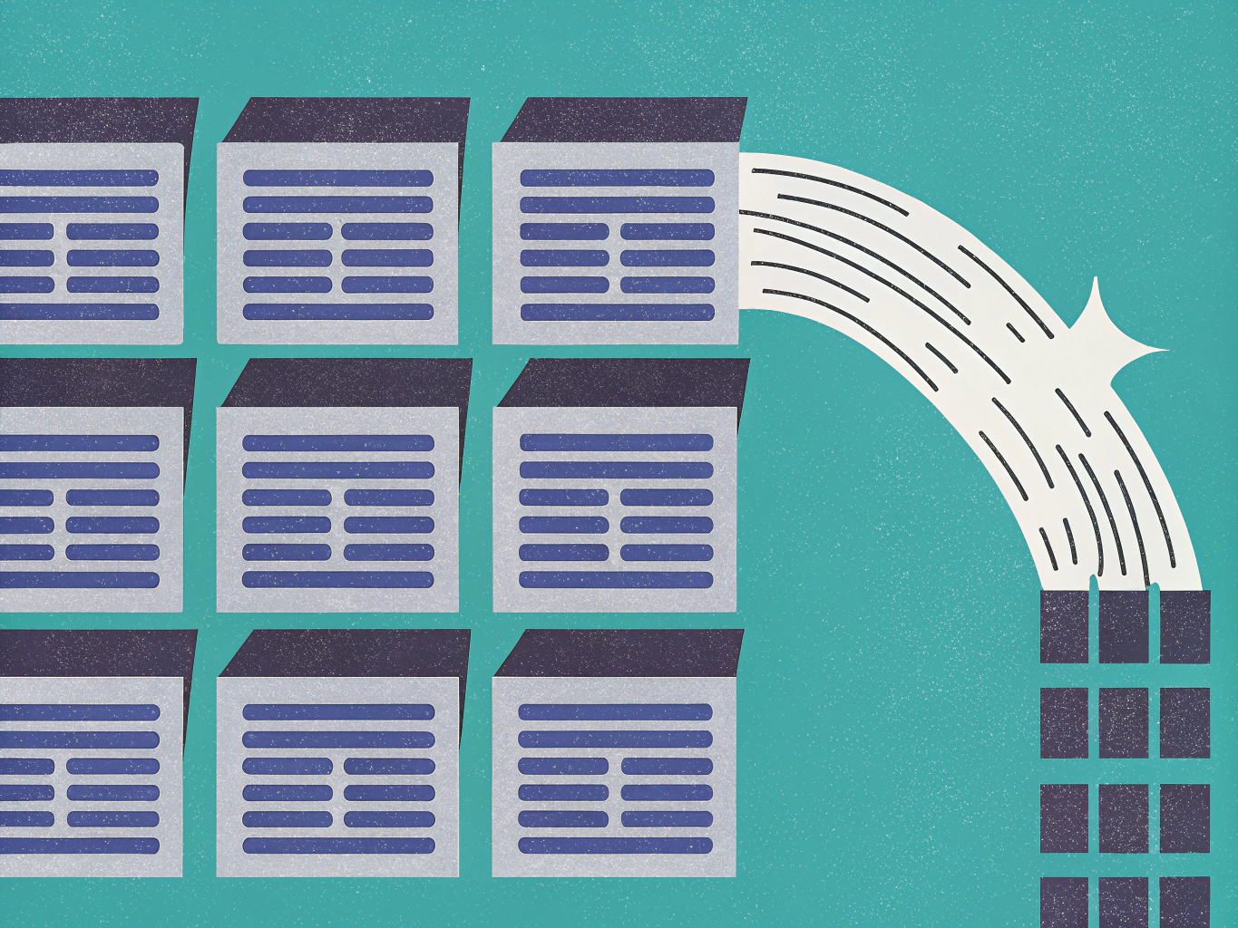 "Illustration showing nine document-like data blocks feeding into an arcing flow line that leads to a stack of smaller, processed data blocks."