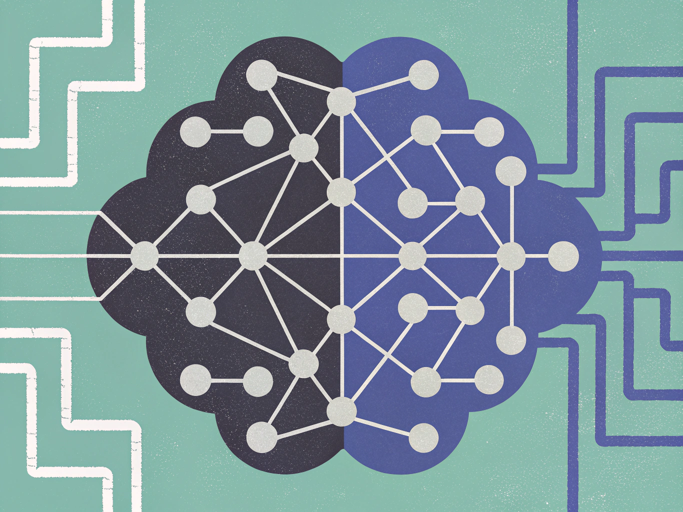 "Stylized cloud symbol containing an interconnected network of nodes, with thick lines connecting to it from the left and right."