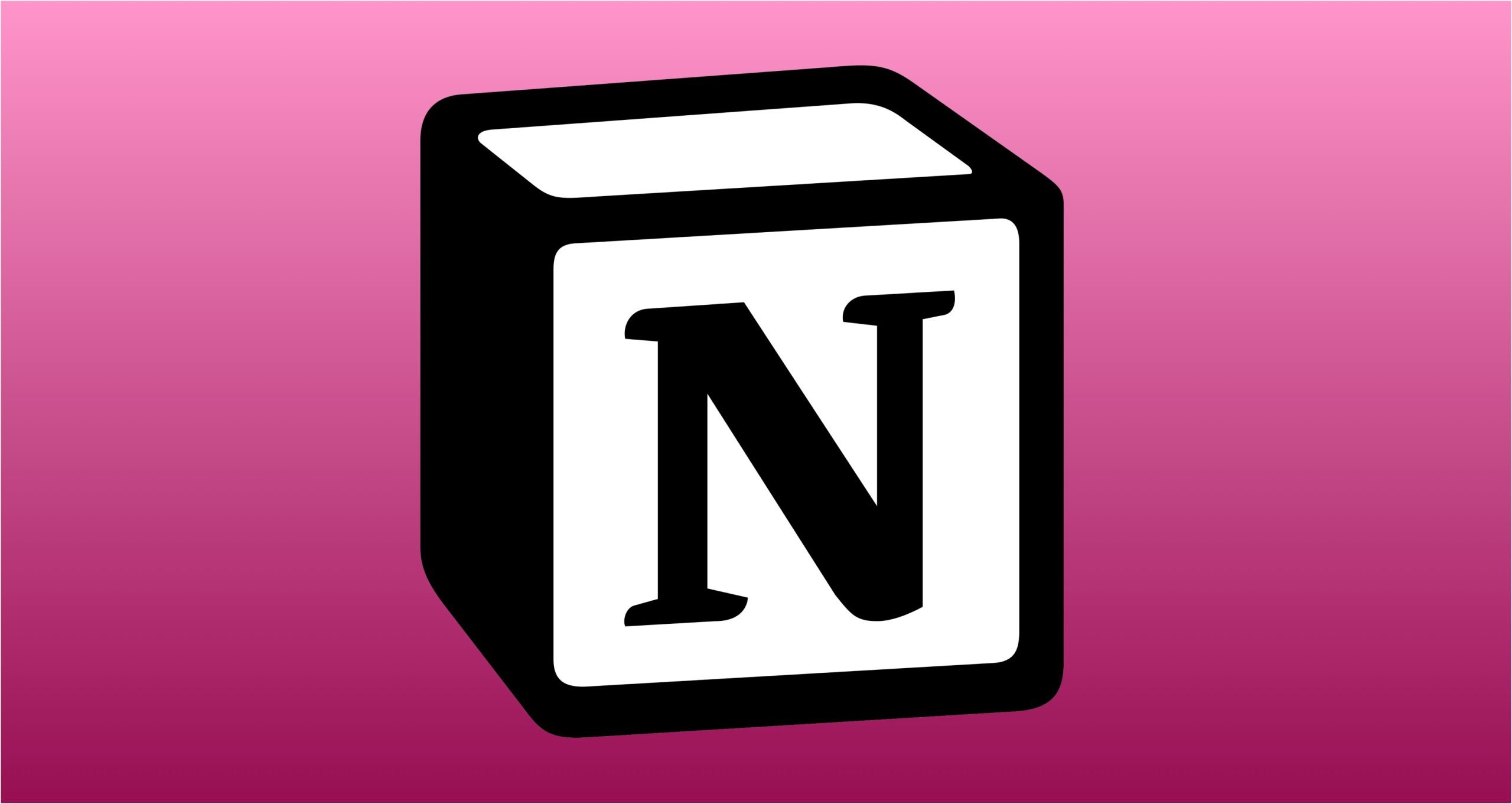 Notion app logo, a black outlined cube with a white front face featuring a black letter N, against a pink gradient background.