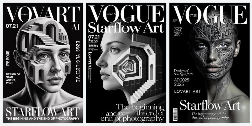 Three grayscale conceptual magazine covers. The first features a woman's head with Escher-like architectural stairs, the second a woman's profile with an infinite spiral staircase, and the third a woman's face intricately patterned with circuit board designs. All display 'Vogue' or 'Vovart' branding and text about 'Starflow Art' and 'the end of photography'.