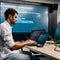 Man working on a laptop in front of a large screen.