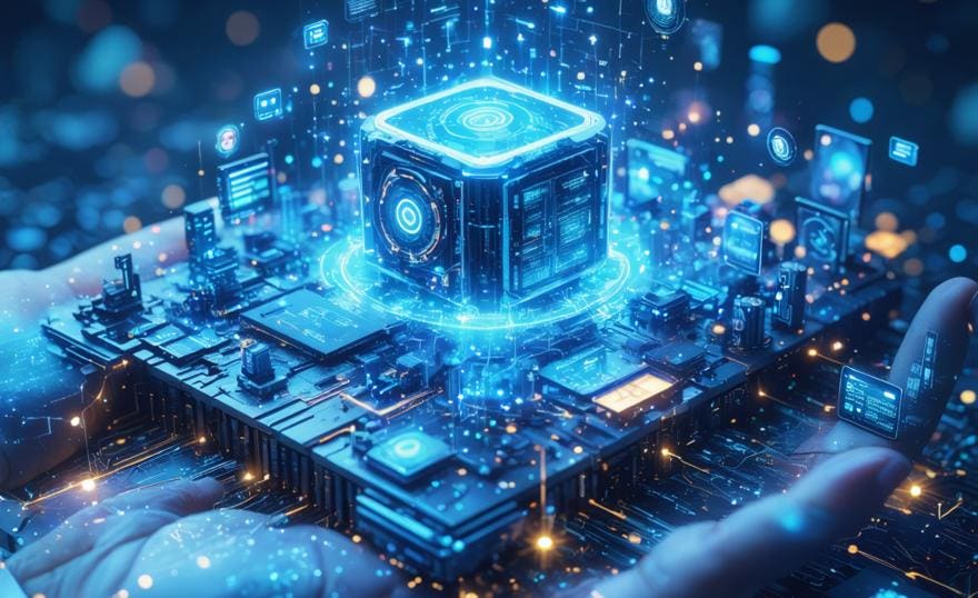 Close-up of hands holding a futuristic circuit board with a glowing blue data cube and illuminated digital connections.